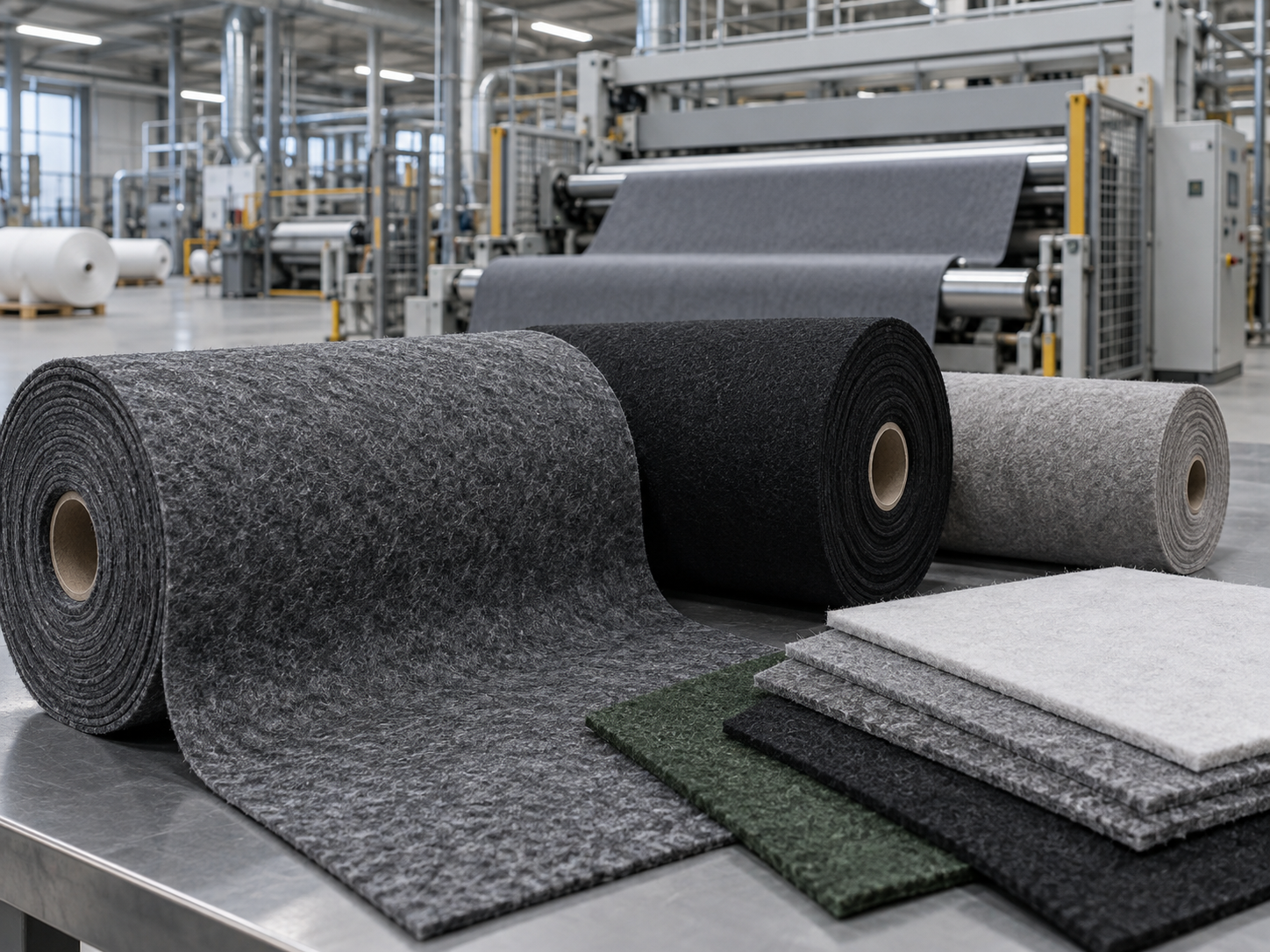 Needle-punched polyester felts, carpet materials and technical nonwoven rolls