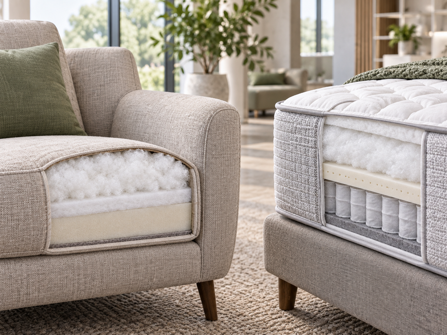 Polyester fiberfill and bonded wadding used in upholstered furniture and mattress layers