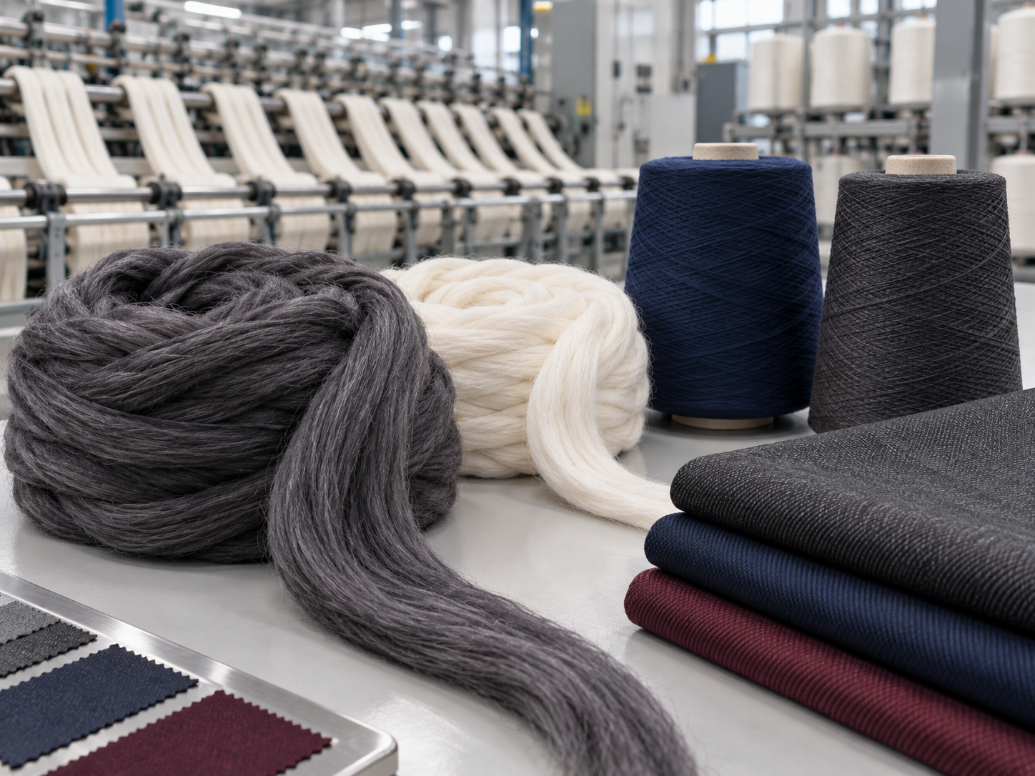 Polyester tops processed into fine yarns and premium worsted textiles